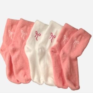 Cozy Fuzzy Socks Coral Pink and White Coquette Winter Socks with Bows Set Of 3